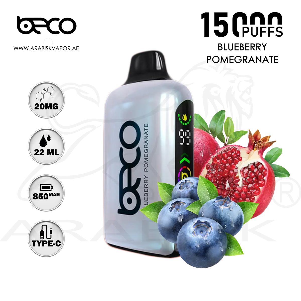 blueberry pomegranate disposable vape BECO BROCK 15000 PUFFS 20MG - BLUEBERRY POMEGRANATE