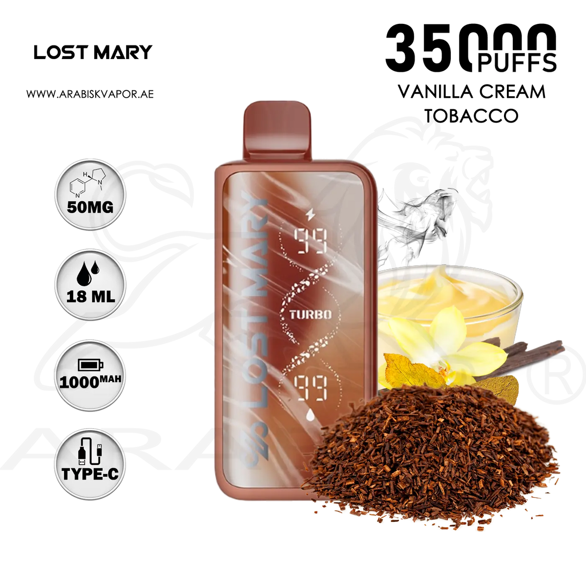 LOST MARY MT35000 PUFFS TURBO 50MG - VANILLA CREAM TOBACCO Arabisk Vape LOST MARY MT35000 PUFFS TURBO 50MG - VANILLA CREAM TOBACCO Arabisk Vape