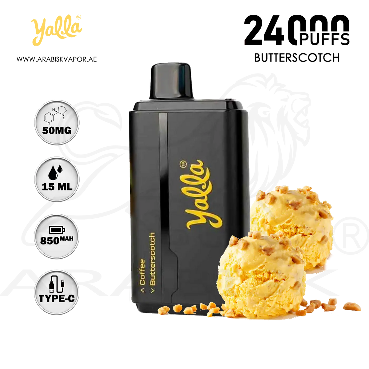 butterscotch disposable vape YALLA DUAL DELIGHT 24000 PUFFS 50MG