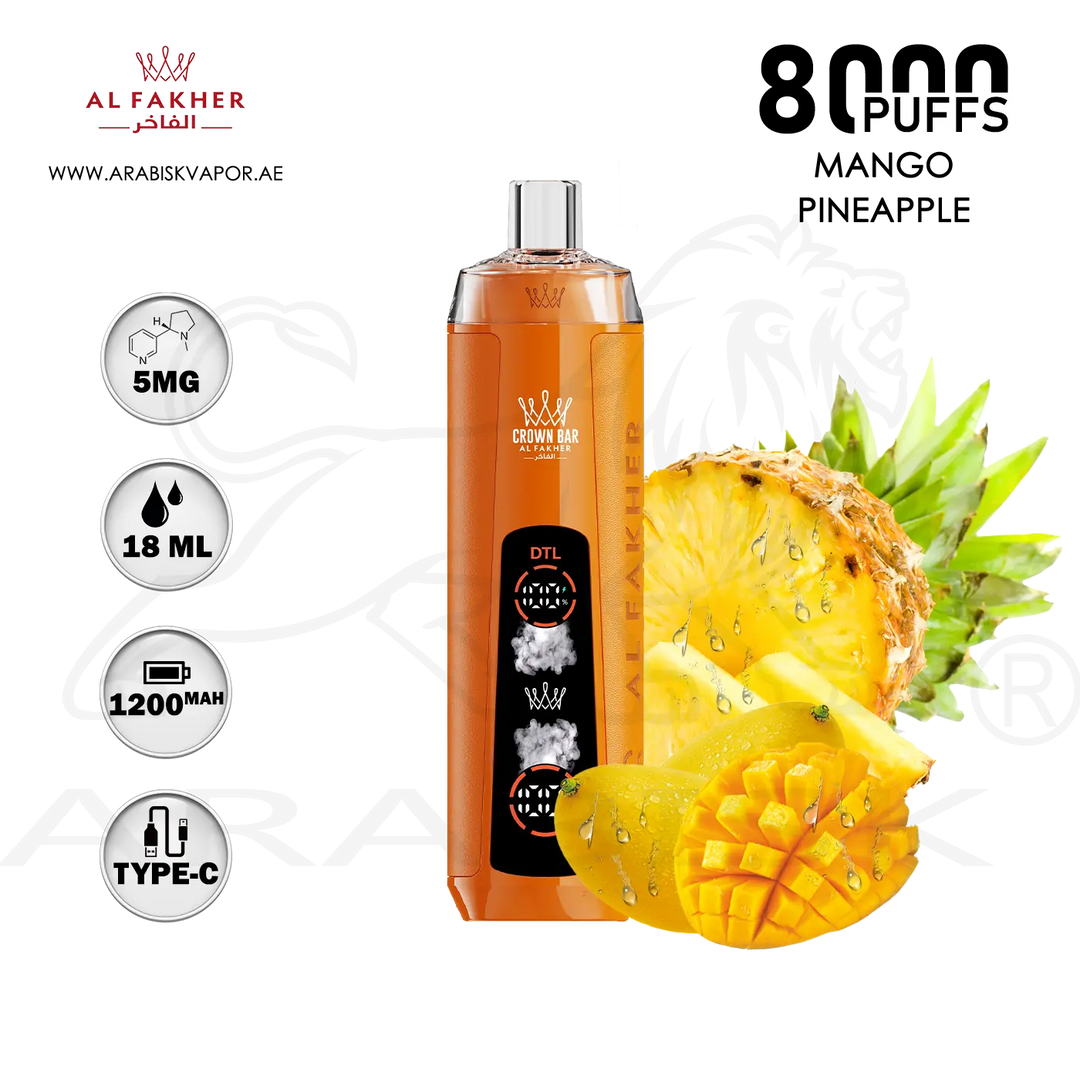 AL FAKHER CROWN BAR CRYSTAL 8000 PUFFS 5MG - MANGO PINEAPPLE Arabisk Vape AL FAKHER CROWN BAR CRYSTAL 8000 PUFFS 5MG - MANGO PINEAPPLE Arabisk Vape
