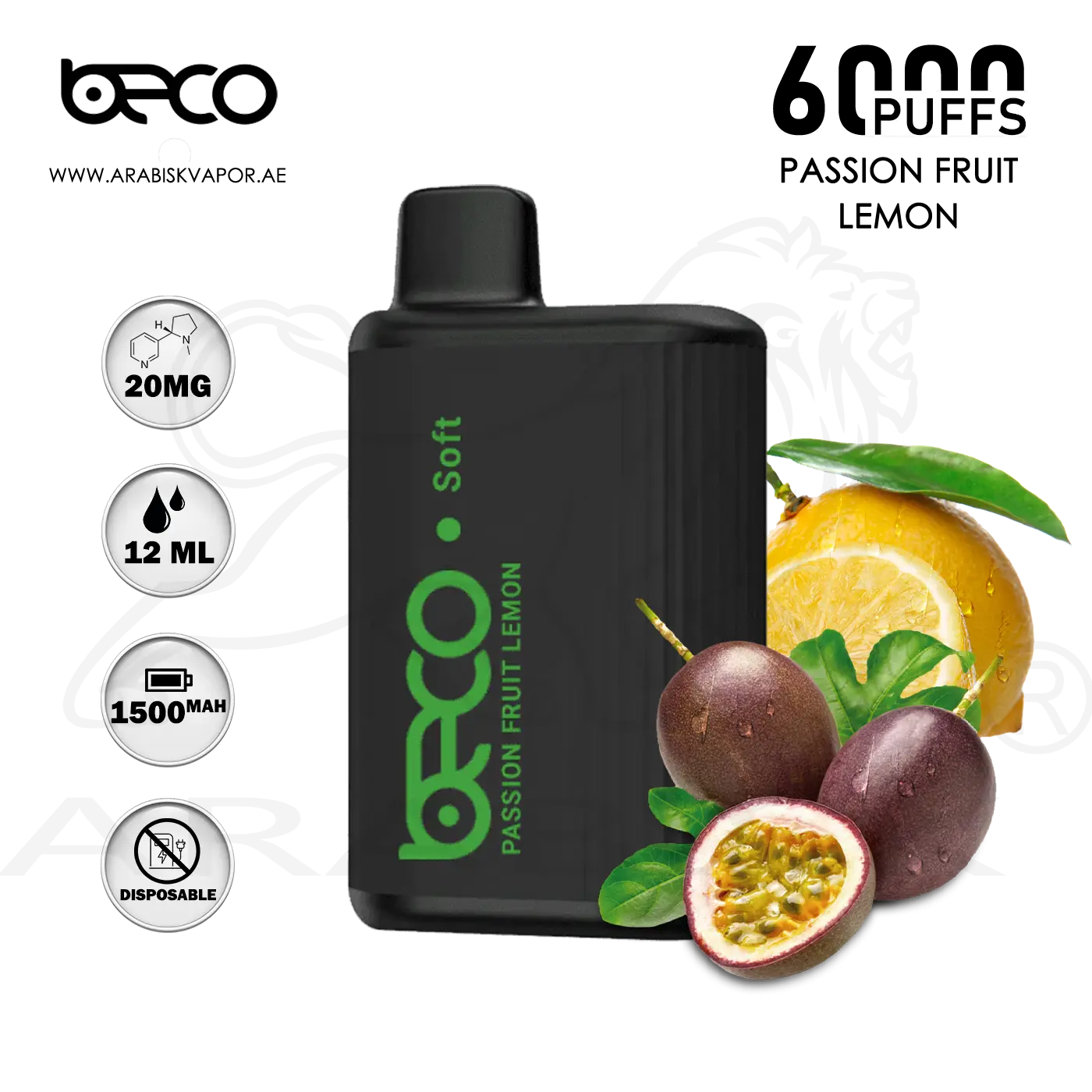 Beco Soft 6000 disposable vape product photo, raw tobacco leaves, dark roasted coffee beans, direct vape flavor - Buy BECO SOFT 6000 Puffs - Passionfruit Lemon Disposable Device ...