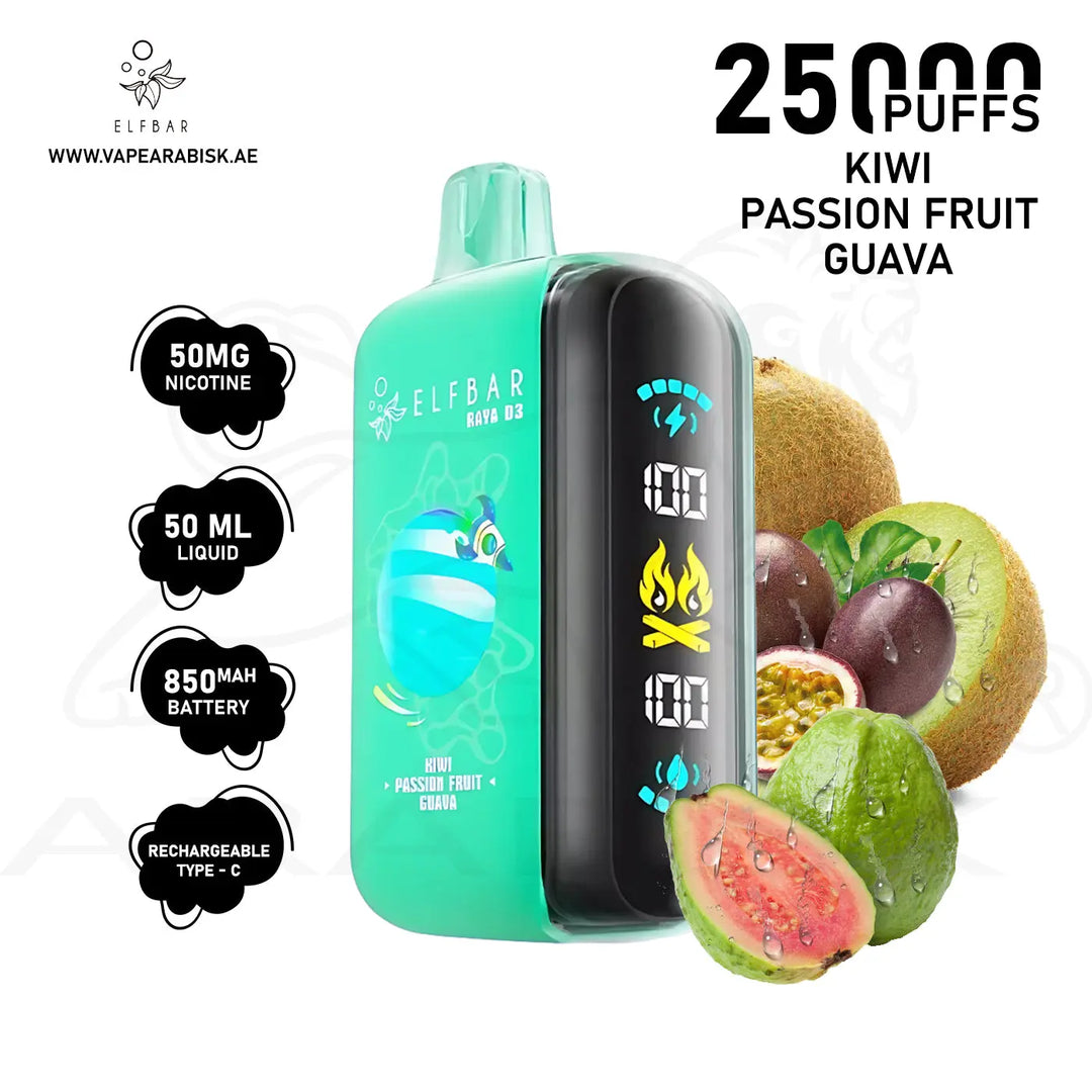 ELFBAR RAYA D3 25000 PUFFS 50MG - KIWI PASSIONFRUIT GUAVA 