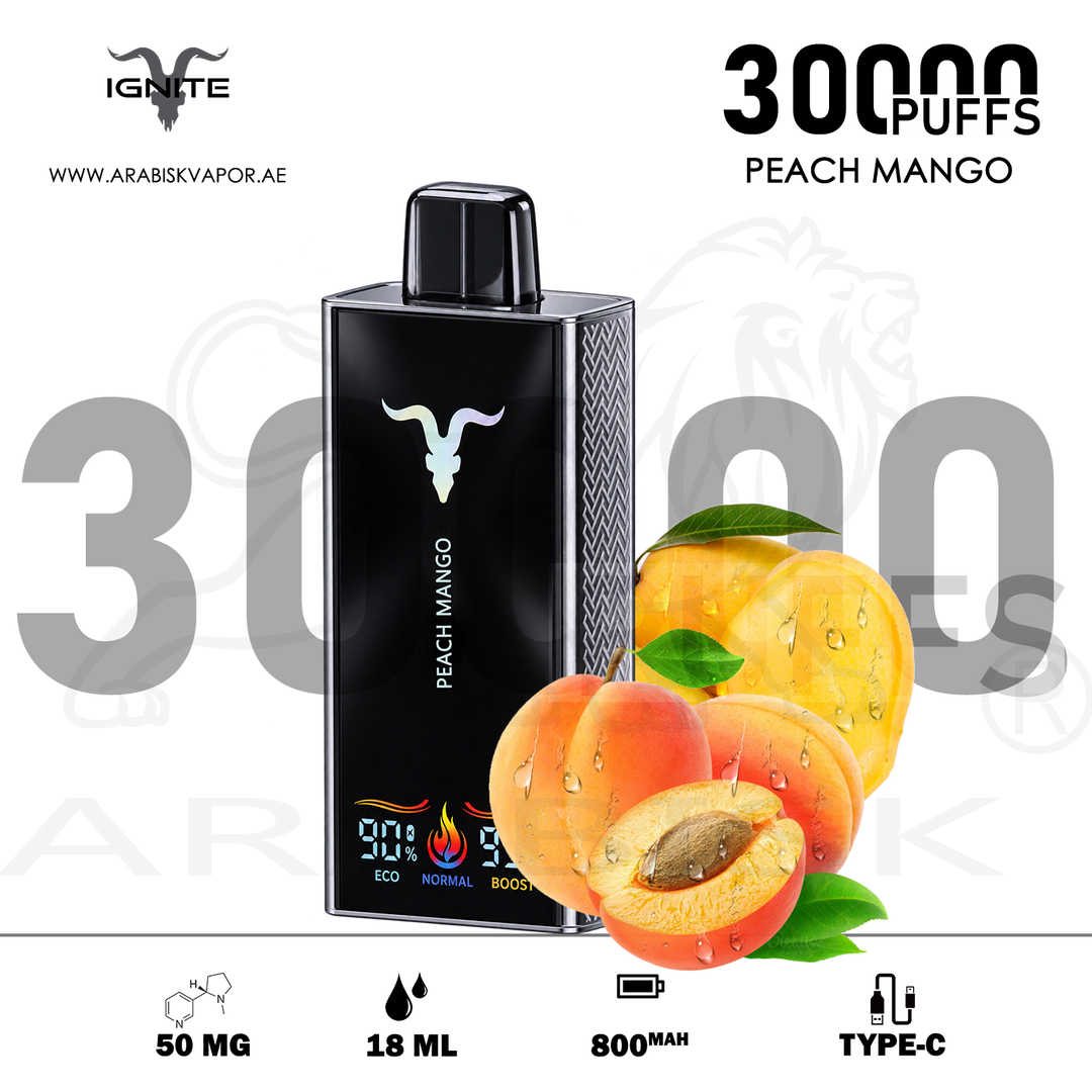 IGNITE V300 30000 PUFFS 50MG RECHARGEABLE VAPE - PEACH MANGO