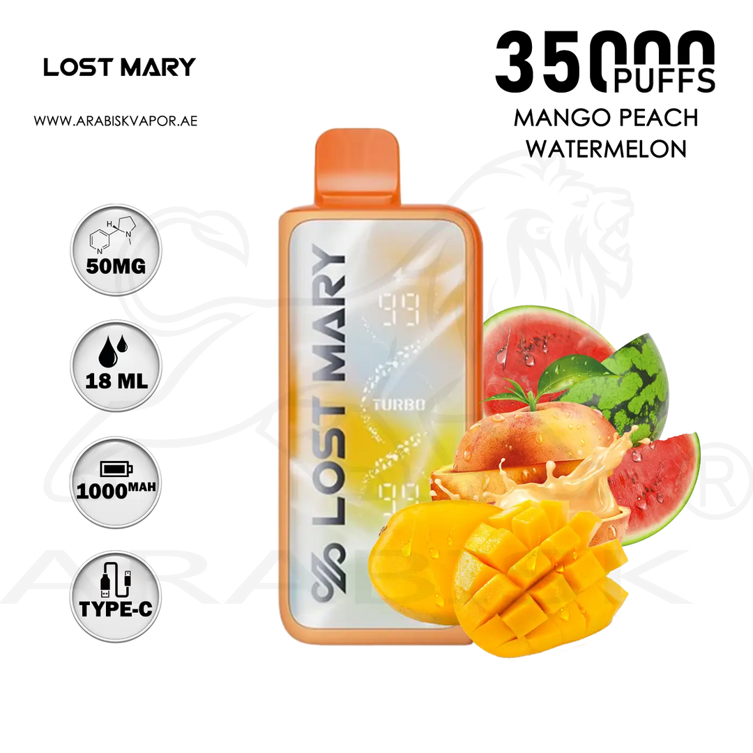 LOST MARY MT35000 PUFFS TURBO 50MG - MANGO PEACH WATERMELON Arabisk Vape LOST MARY MT35000 PUFFS TURBO 50MG - MANGO PEACH WATERMELON Arabisk Vape