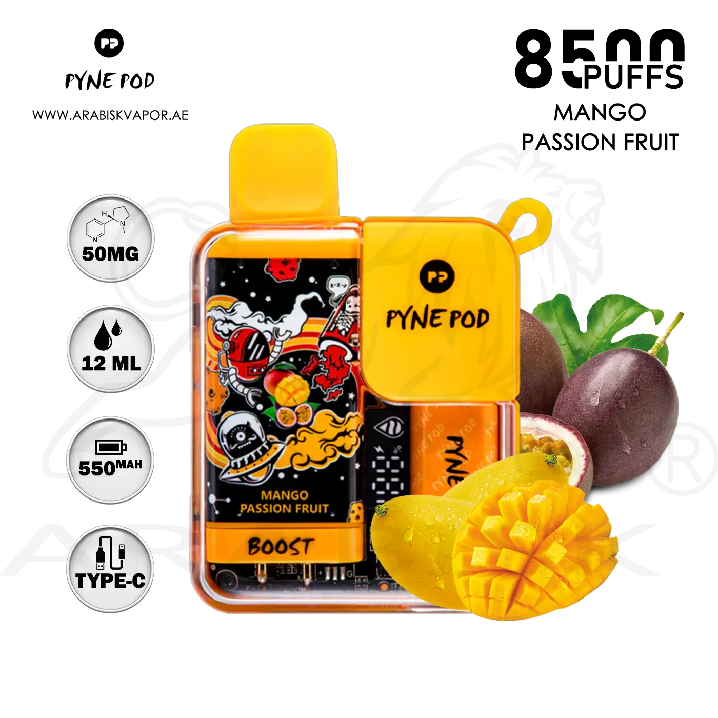 PYNE POD 8500 PUFFS 50MG Mango Passion Fruit Flavor Disposable Device –  Arabisk Vape
