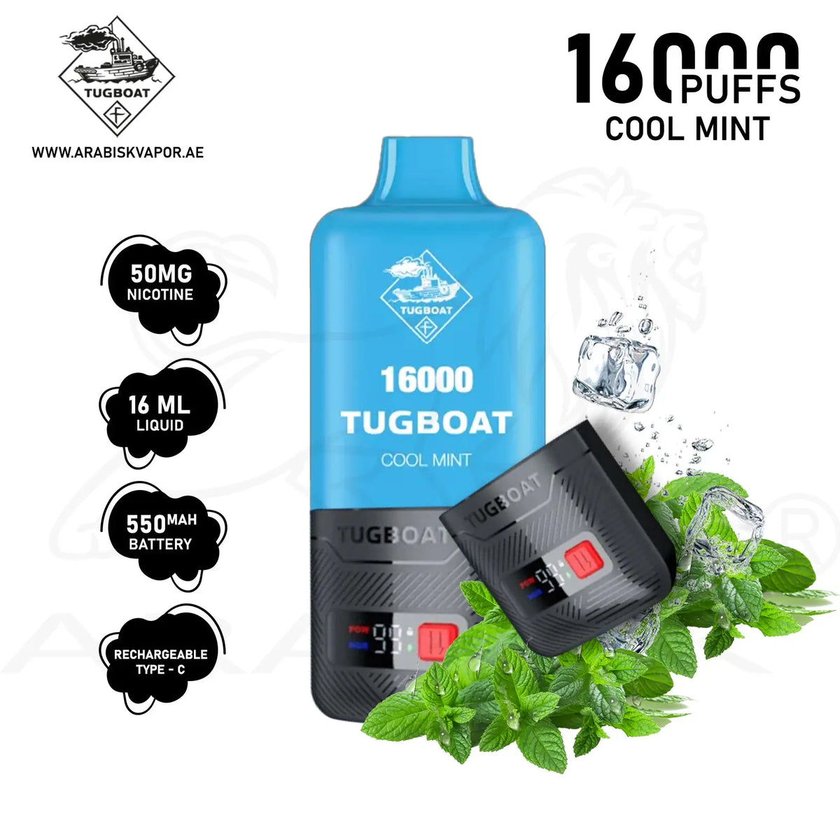 TUGBOAT SUPER POD & MOD 16000 PUFFS 50MG - COOL MINT - Arabisk Vape
