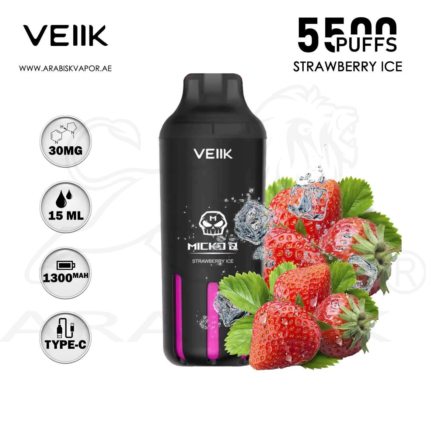 VEIIK MICKO Q 5500 Puffs 30mg - Strawberry Ice Disposable Vape Device   Arabisk Vape
